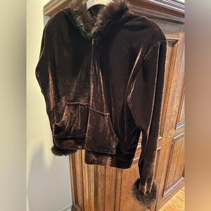 Jasmine Rose Faux Fur trim brown velour hooded jacket size XL